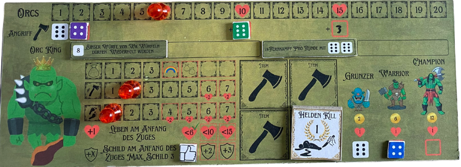 Dice effects and player board layout used for faction identity and combat readability